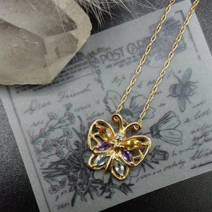 BUTTERFLY Gold Necklace | 10K G - Diamond,Topaz, Amethyst & Aquamarine